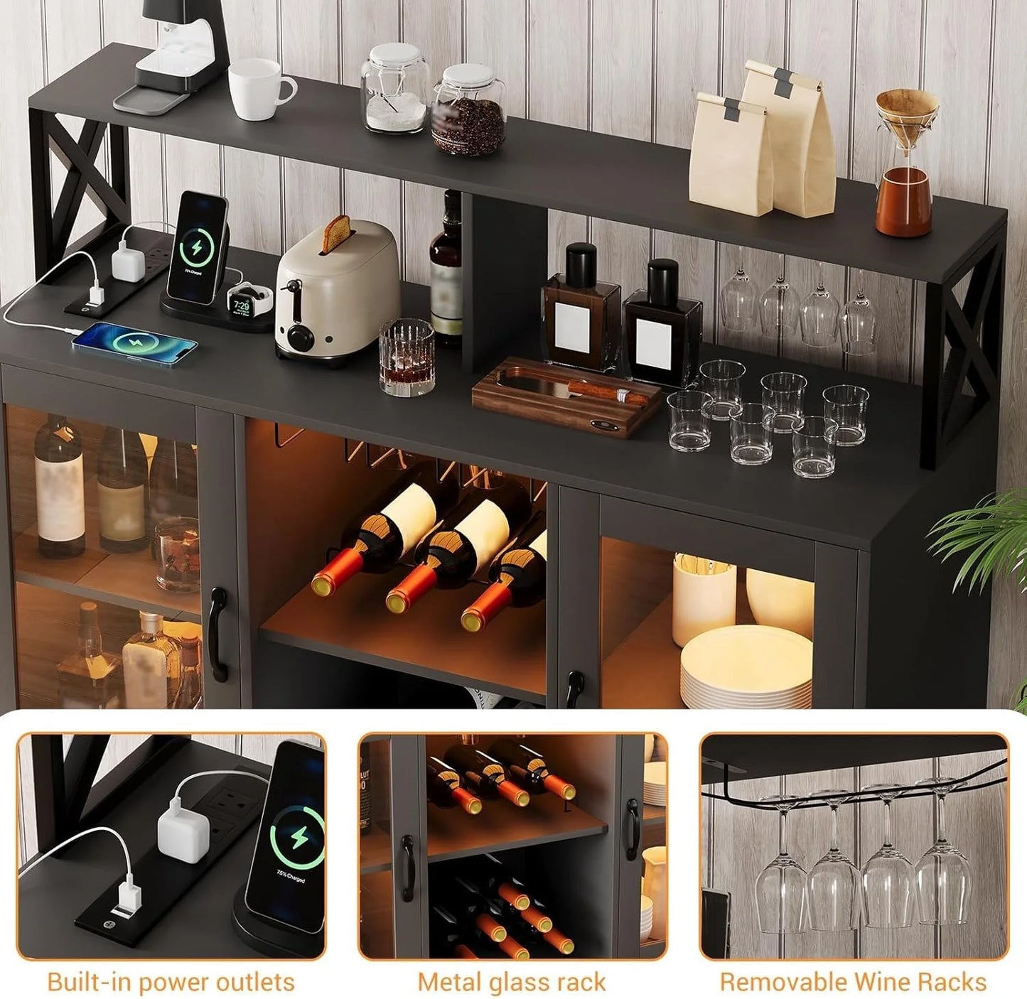 Luku Bar/Liquor Cabinet with Power Outlets Led Lights and Glass Holder, for Home, Kitchen, Gray