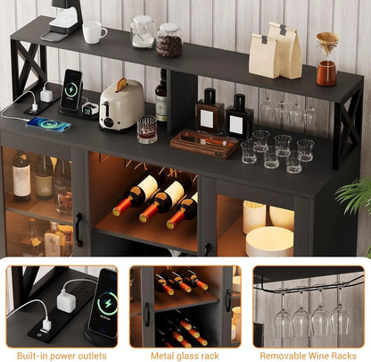 Luku Bar/Liquor Cabinet with Power Outlets Led Lights and Glass Holder, for Home, Kitchen, Gray