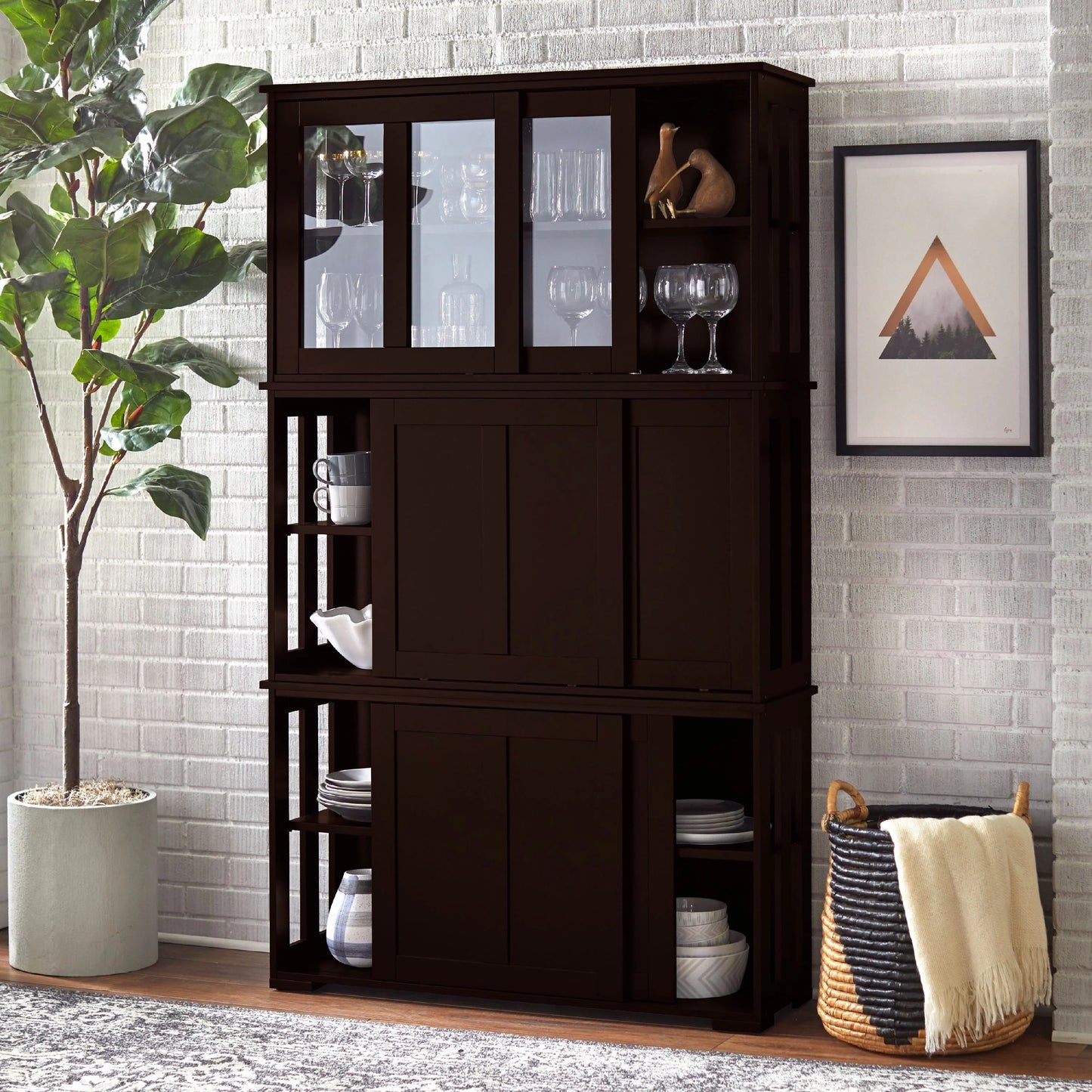 TMS 42” Wide Contemporary Tempered Glass Sliding Door Stackable Dining Room Sideboard, Espresso Brown Finish