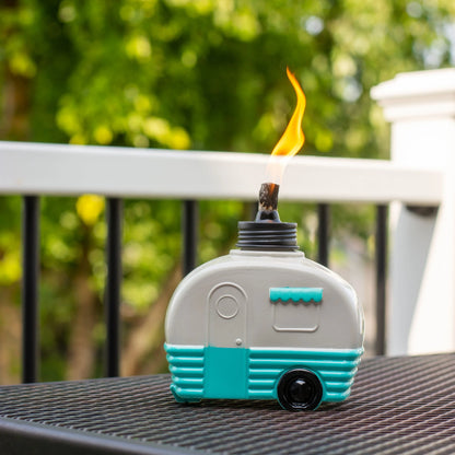 TIKI Brand Decorative Glass 5.85 inch Tall Camper Tabletop Torch White and Turquoise