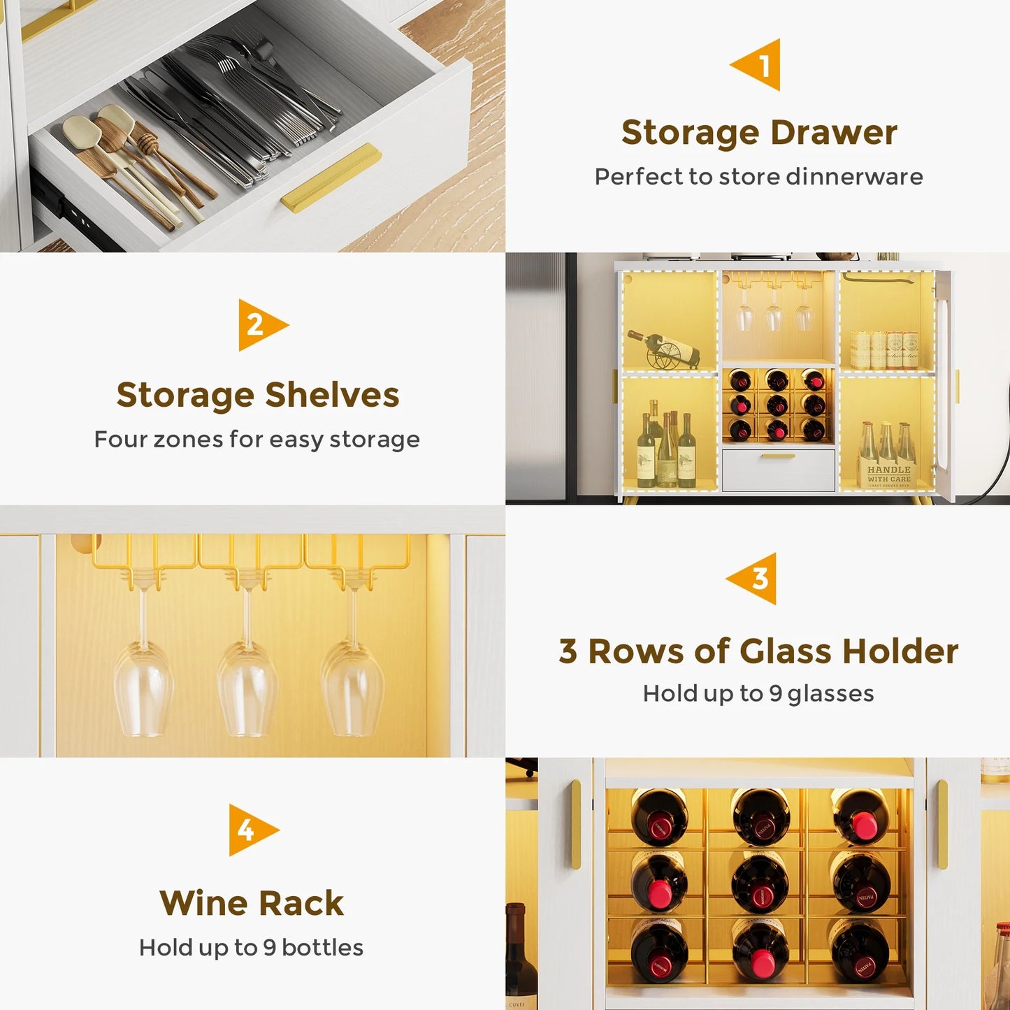 Condemo Wine Bar Cabinet with LED Light & Power Outlet, Liquor Cabinet with Wine Rack and Glass Holder for Dining Room, Living Room, Kitchen, White