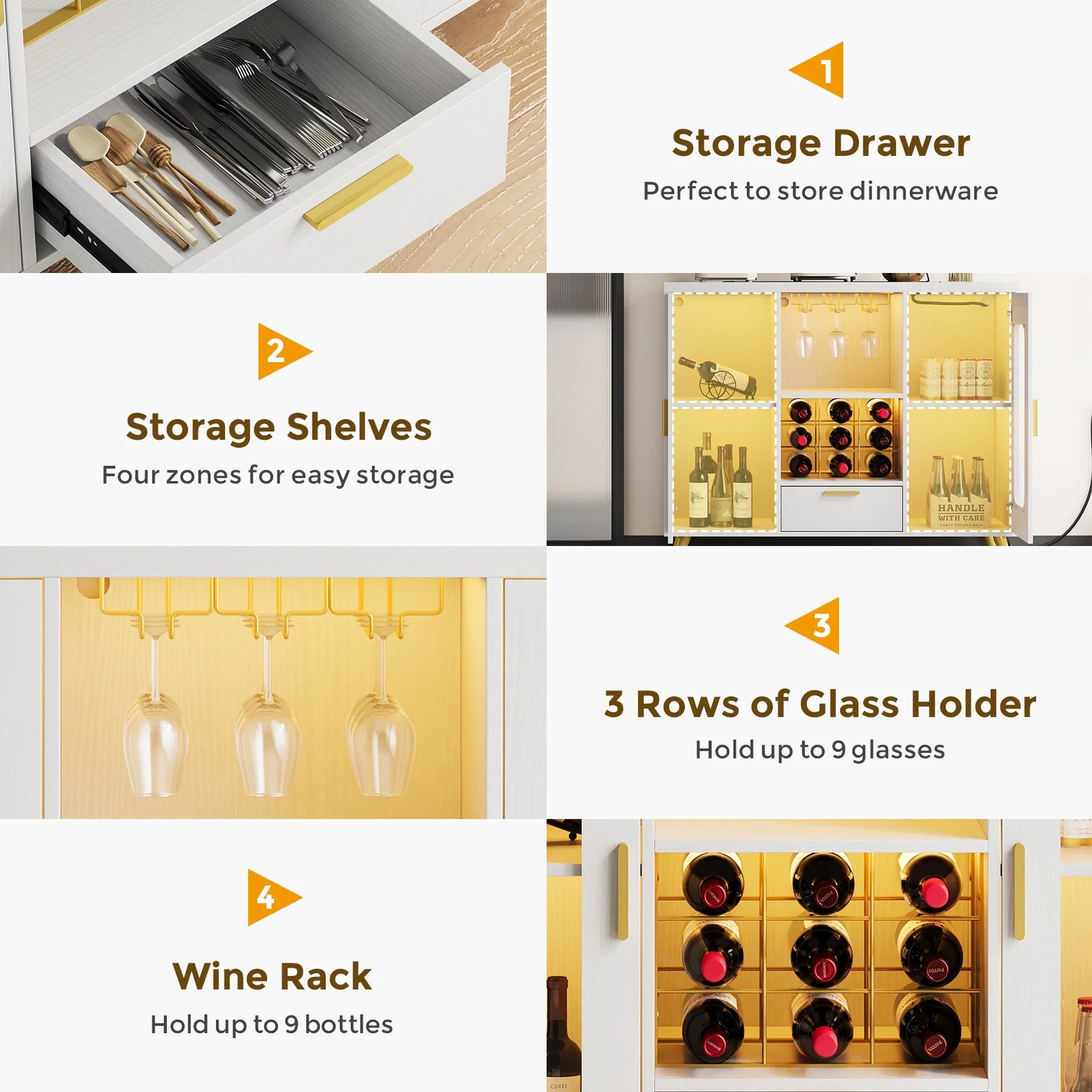 Condemo Wine Bar Cabinet with LED Light & Power Outlet, Liquor Cabinet with Wine Rack and Glass Holder for Dining Room, Living Room, Kitchen, White