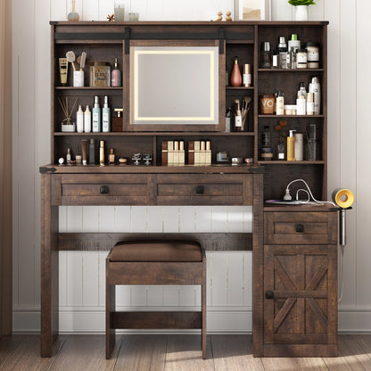 Blotout 47.2" Farmhouse Rustic Makeup Vanity Desk with Sliding Mirror and Lights, Glass Top Vanity Set with Charging Station & 3 Drawers & 1 Cabinet & Stool, Big Vanity (White)