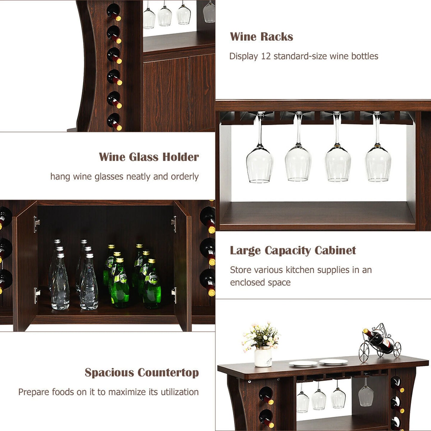 Gymax Rolling Buffet Sideboard Wooden Bar Storage Cabinet w/Wine Rack & Glass Holder