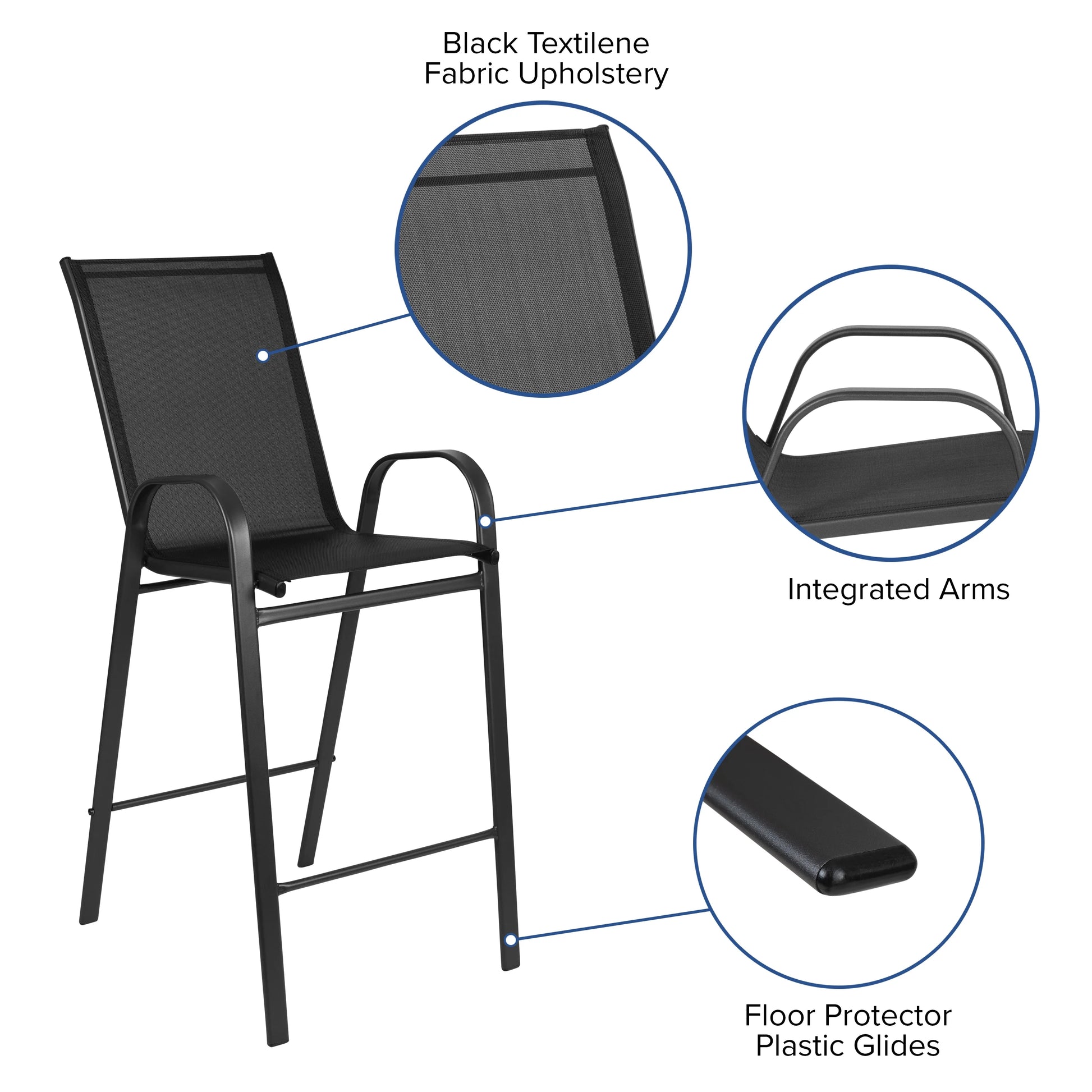 Emma + Oliver 3 Piece Outdoor Bar Height Set-Glass Patio Bar Table-Black All-Weather Barstools