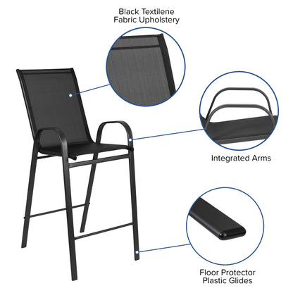 Emma + Oliver 3 Piece Outdoor Bar Height Set-Glass Patio Bar Table-Black All-Weather Barstools