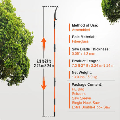KFFKFF Manual Pole Saw Extendable Tree Pruner 7.3-27 ft Fiberglass Pole Scissors