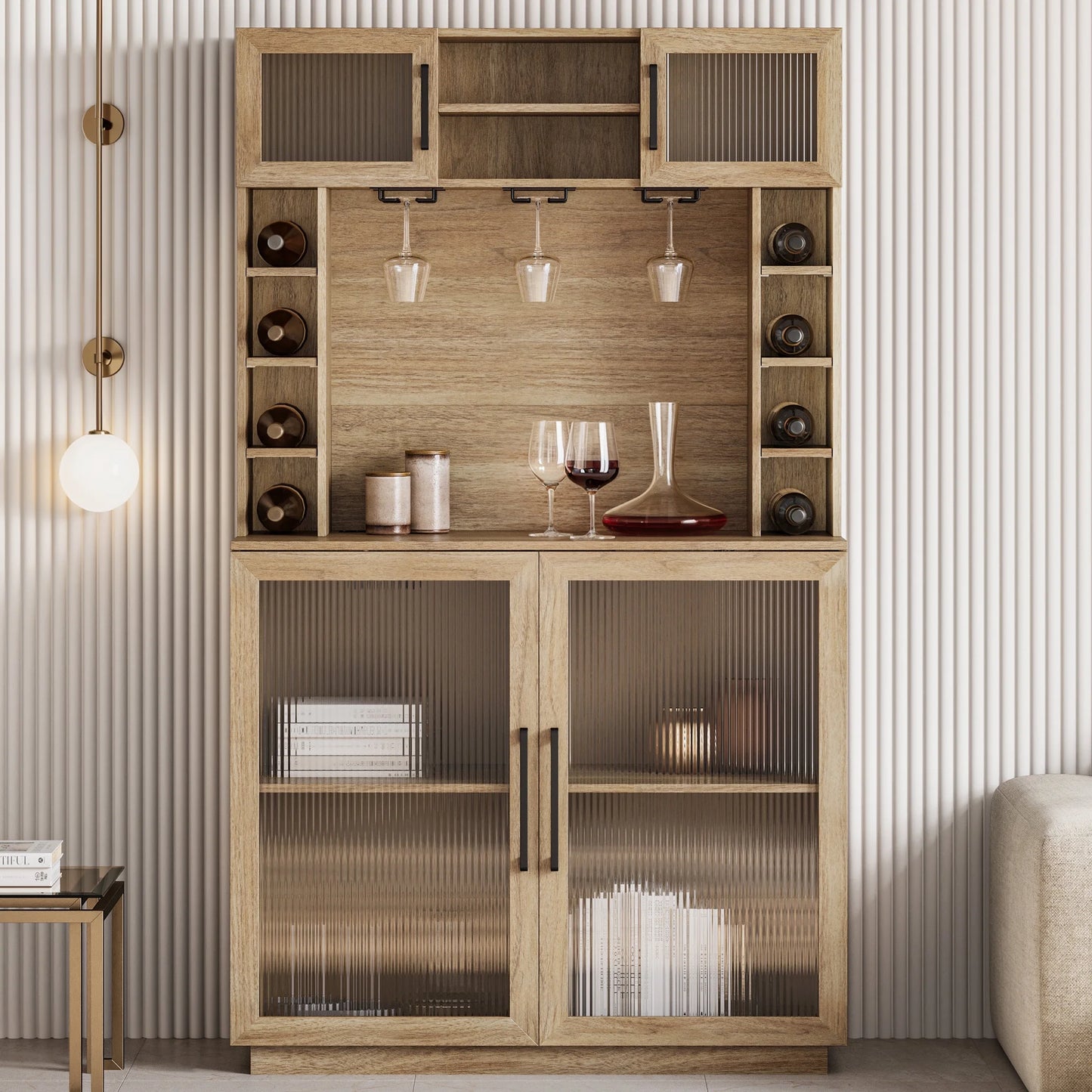 BELLEZE Coffee Wine Bar Cabinet with Power Outlet, 72" Rustic Liquor Cabinet, Tall Buffet Cabinet with Storage Kitchen Pantry Cupboard Wine& Glasses Rack Server with Hutch for Home Dining Room, Ebony
