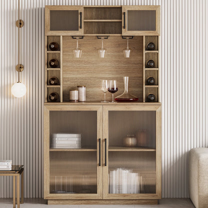 BELLEZE Coffee Wine Bar Cabinet with Power Outlet, 72" Rustic Liquor Cabinet, Tall Buffet Cabinet with Storage Kitchen Pantry Cupboard Wine& Glasses Rack Server with Hutch for Home Dining Room, Ebony