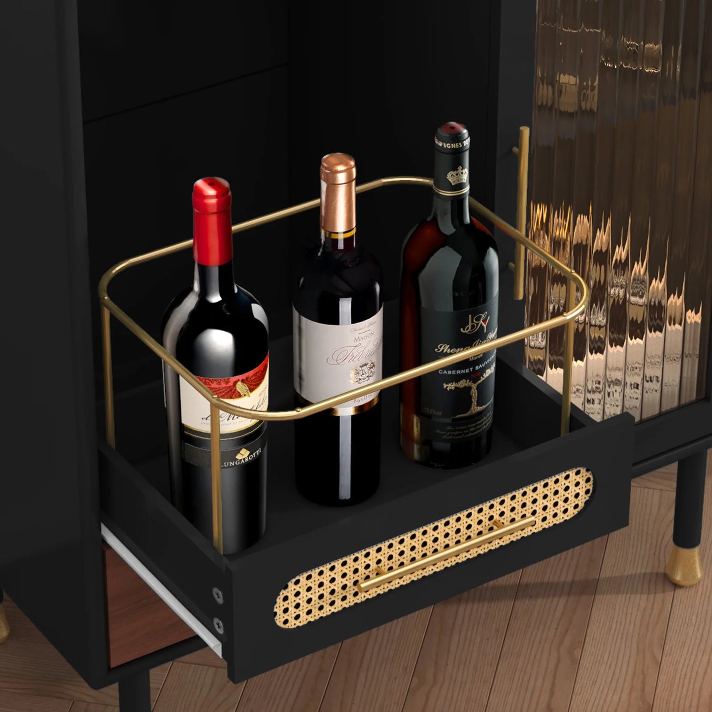 CBJCBJ Wine Bar Cabinet, Modern Coffee Cabinet with 3 Rows of Glass Racks, Sideboard Cabinet, Black