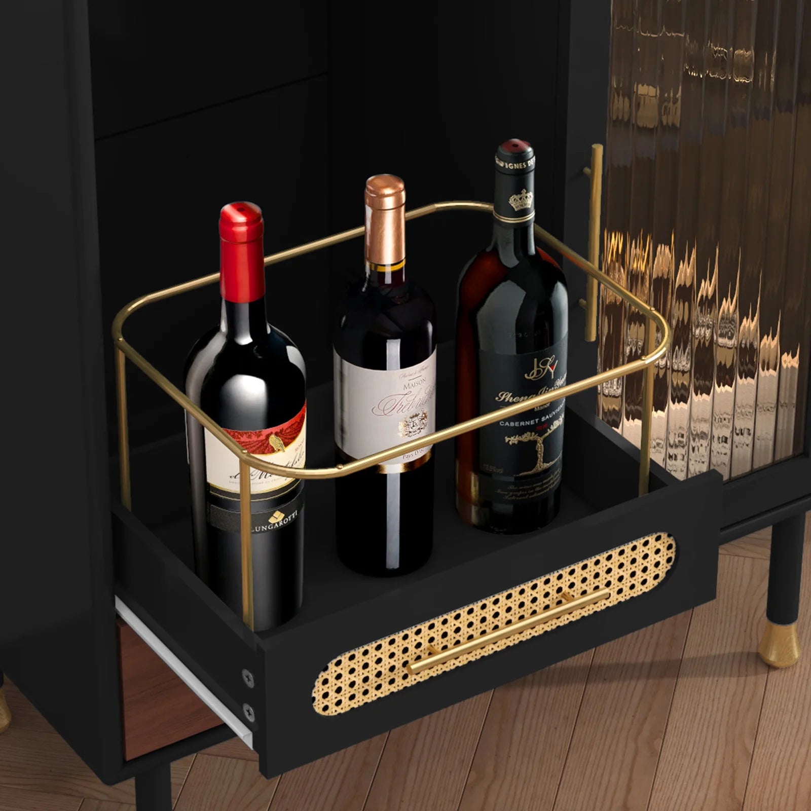 CBJCBJ Wine Bar Cabinet, Modern Coffee Cabinet with 3 Rows of Glass Racks, Sideboard Cabinet, Black