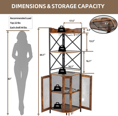 EROMMY Corner Bar Cabinet with Power Outlet, 5-Tiers Wine Bar Cabinet with LED Light and Glass Holder, Industrial Home Bar for Dining Room, Living Room, Kitchen, Modern Black