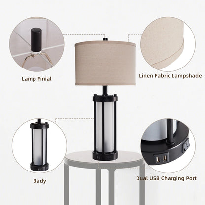 RORIA 24° F Modern Living Room Table Lamp 2-Piece Set with 2 USB Charging Ports, Built-in White Frosted Glass with Night Light, Black Vintage Rustic Farmhouse Lamp for Bedroom Nightstand Lamps