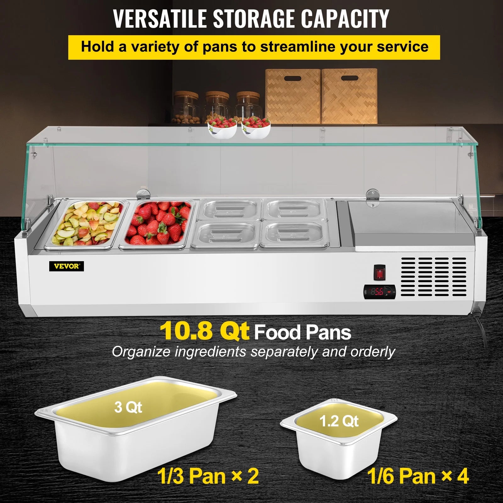 Refrigerated Condiment Prep Station, 48-inch, 10.8Qt Sandwich/Salad Prep Table w/3 1/3 Pans & 4 1/6 Pans, 146W Salad Bar w/304 Stainless Body Tempered Glass Shield Digital Panel Auto Defrost