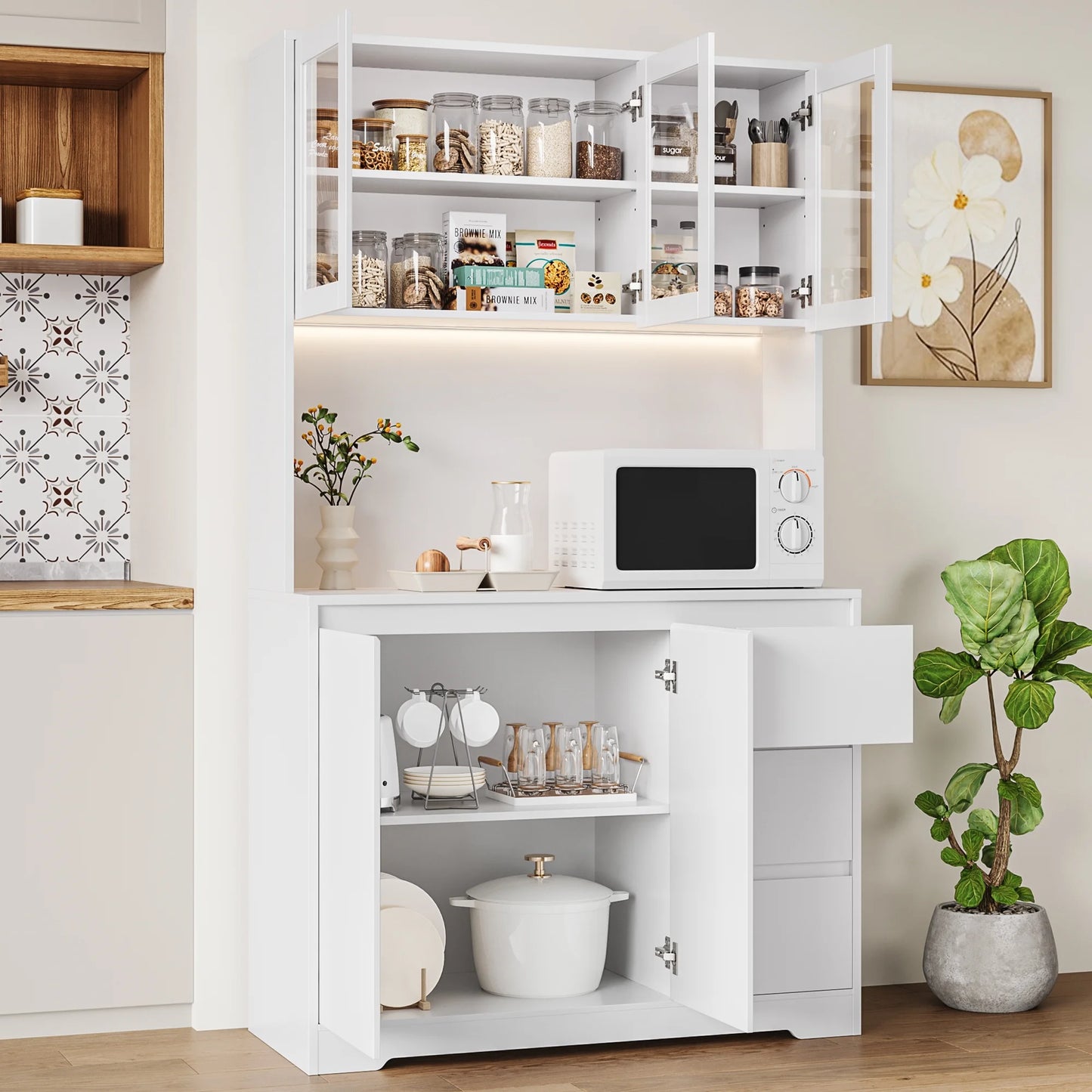 Homfa 70.9'' Kitchen Pantry Cabinet with Charging Station and LED Light, 3 Drawers Buffet Storage Cabinet with Glass Doors and Adjustable Shelves, White