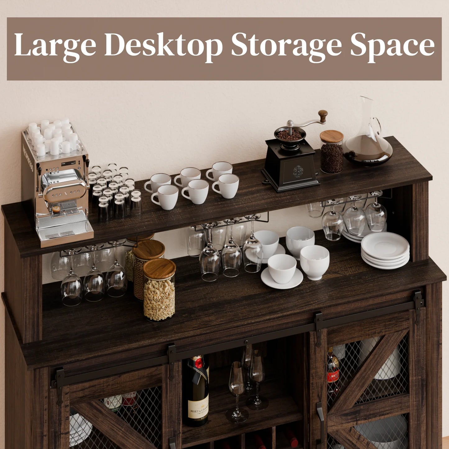 Waleaf Farmhouse Coffee Bar Cabinet with LED Lights, 55" Wine Bar Buffet Cabinet w/Sliding Barn Door & Wine and Glass Rack for Dining Room