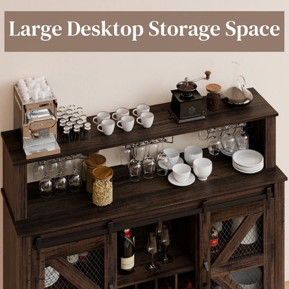 Waleaf Farmhouse Coffee Bar Cabinet with LED Lights, 55" Wine Bar Buffet Cabinet w/Sliding Barn Door & Wine and Glass Rack for Dining Room