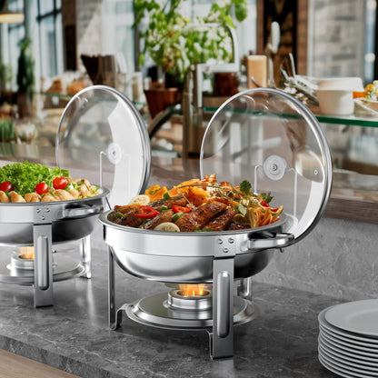 Chafing Dish Buffet Set 4 Pack: TINANA 5QT Stainless Steel Chafing Dishes with Glass Lid & Lid Holder, Round Food Warmers for Parties, Events, Wedding-Gold