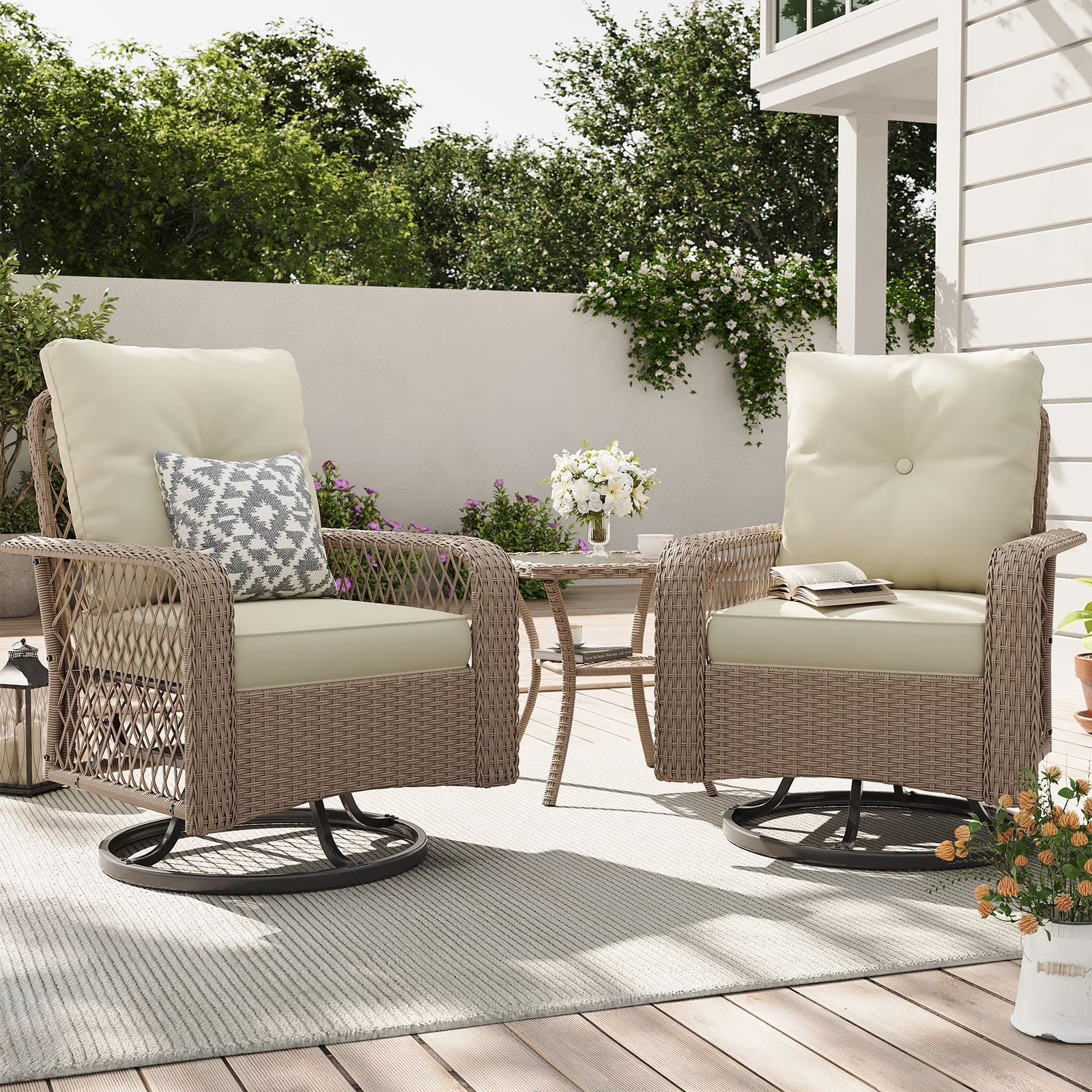 ELPOSUN 3 Pieces Patio Furniture Set, Outdoor Swivel Gliders Rocker, Wicker Patio Bistro Set with Rattan Rocking Chair, Glass Top Side Table and Thickened Cushions for Porch Deck Backyard