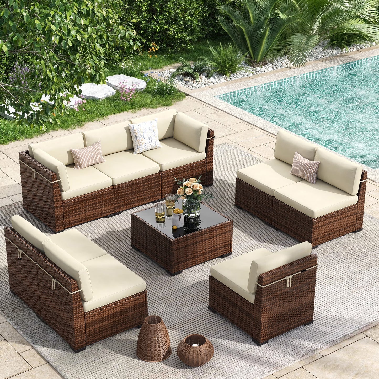 Poteban 7 Pieces Outdoor Sectional Sofa Set , PE Wicker Rattan Slanted Back Outdoor Conversation with Cushions and Glass Coffee Table for Backyard Garden, Dark Gray