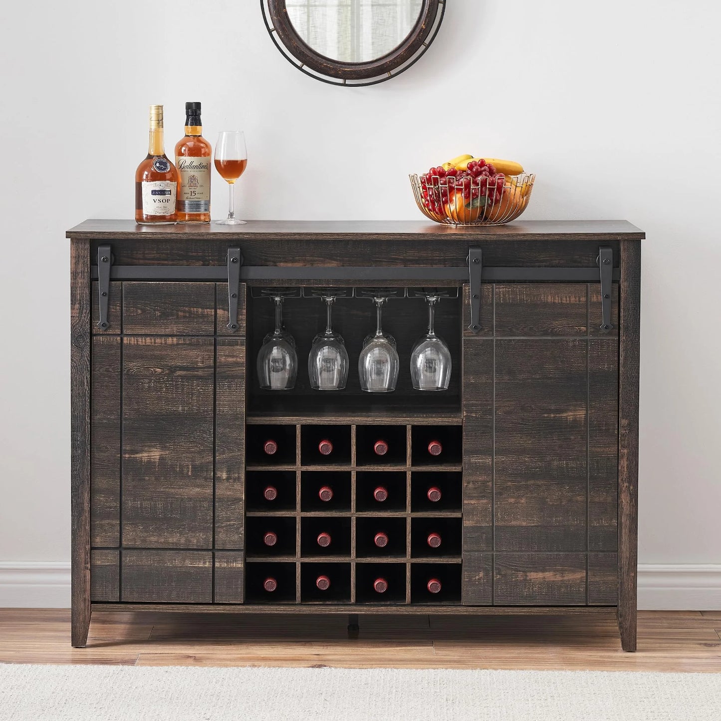 DSstyles 47" Coffee Bar Cabinet w/16 Wine & Glass Rack, Storage Shelves Farmhouse Wine Bar Cabinet w/Sliding Barn Door Rustic Large Buffet Sideboard Cabinet for Dining Room