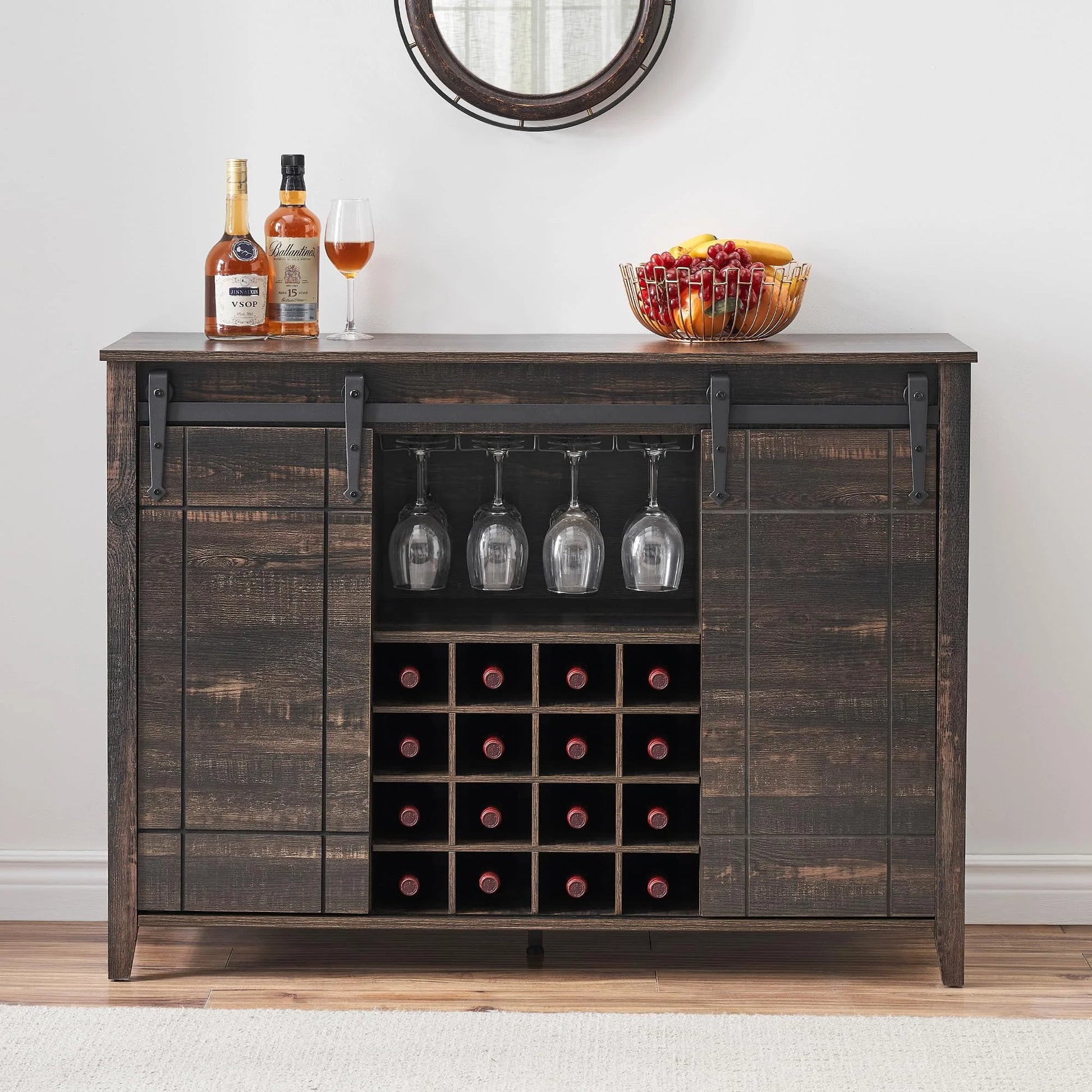 DSstyles 47" Coffee Bar Cabinet w/16 Wine & Glass Rack, Storage Shelves Farmhouse Wine Bar Cabinet w/Sliding Barn Door Rustic Large Buffet Sideboard Cabinet for Dining Room