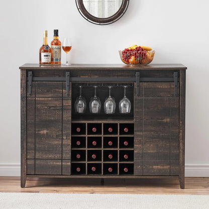 DSstyles 47" Coffee Bar Cabinet w/16 Wine & Glass Rack, Storage Shelves Farmhouse Wine Bar Cabinet w/Sliding Barn Door Rustic Large Buffet Sideboard Cabinet for Dining Room