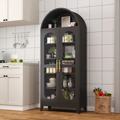 Erosoei 73" Metal Arched Display Cabinet with Glass Doors and Adjustable Shelves for Collectibles