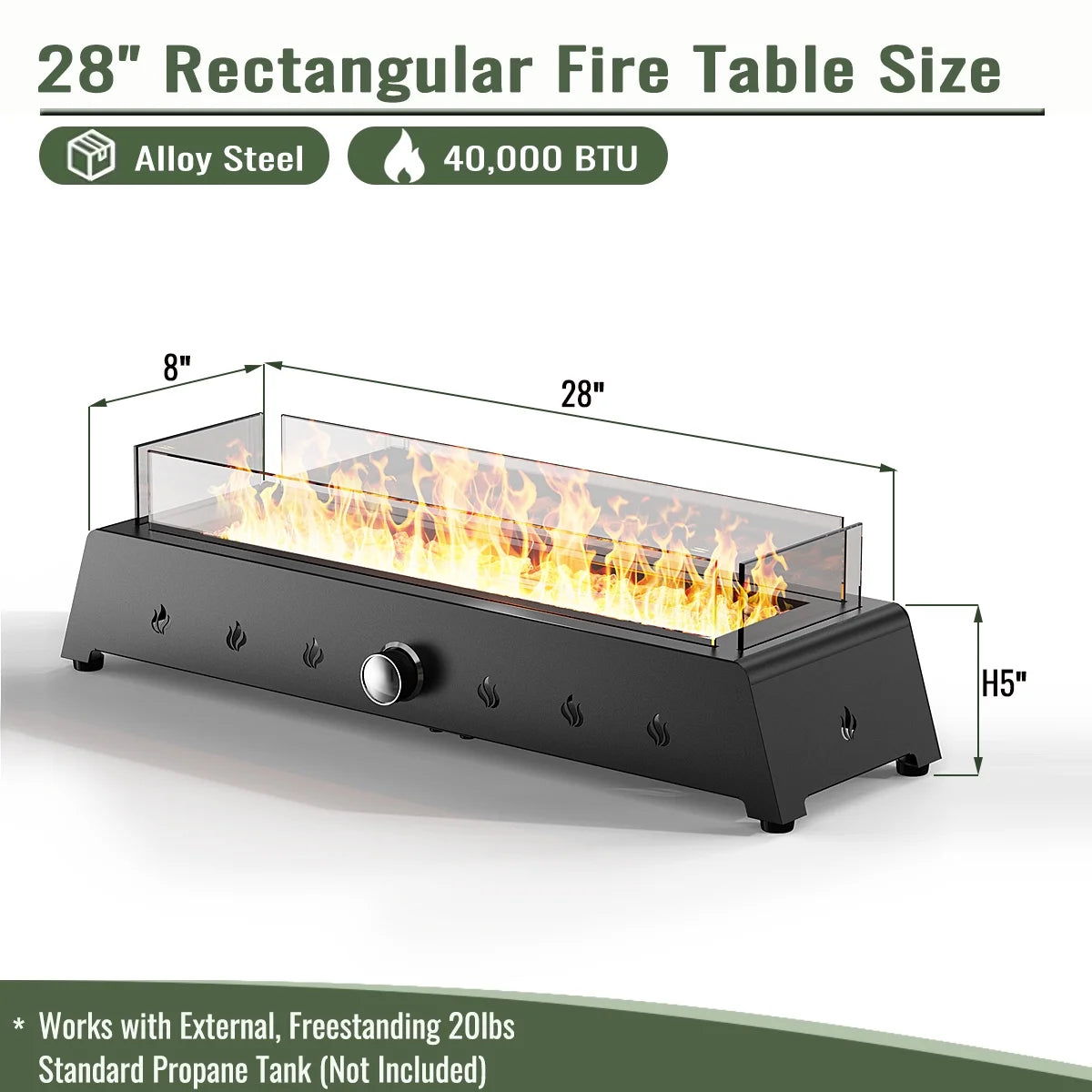 AJ Enjoy 40,000 BTU Tabletop Propane Fire Pit, 28'' Outdoor Rectangle Steel Fireplace with Wind Glass Shield, Laval Rocks
