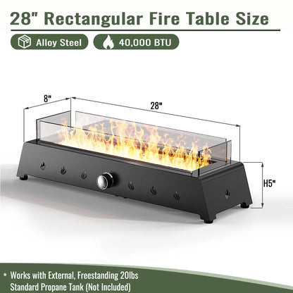 AJ Enjoy 40,000 BTU Tabletop Propane Fire Pit, 28'' Outdoor Rectangle Steel Fireplace with Wind Glass Shield, Laval Rocks