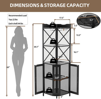 EROMMY Corner Bar Cabinet with Power Outlet, 5-Tiers Wine Bar Cabinet with LED Light and Glass Holder, Industrial Home Bar for Dining Room, Living Room, Kitchen, Modern Black