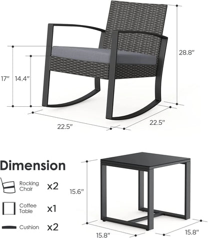 3-Piece Patio Chairs Set, Balcony Furniture Set with PE Rattan Rocking Chairs and a Glass Table, Gray Cushion