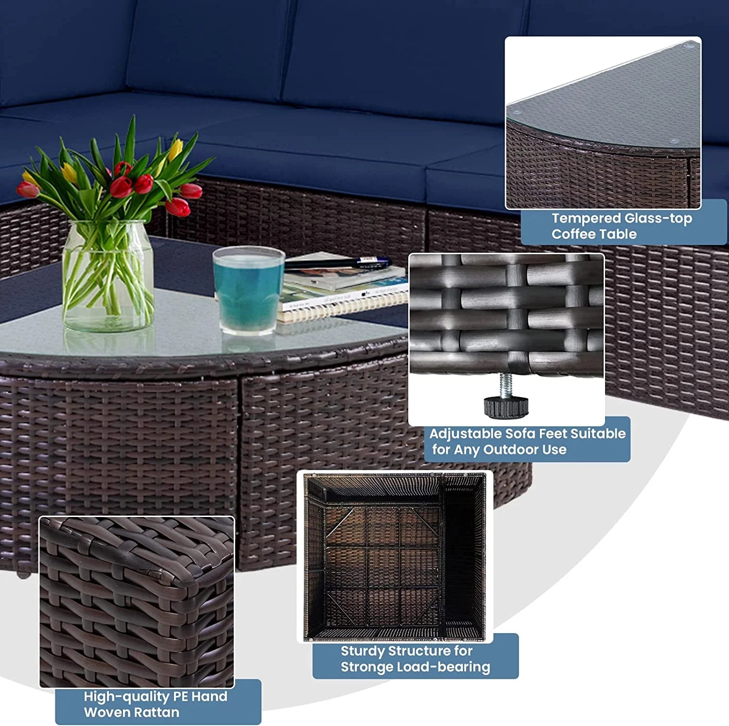 SOLAURA 6-Piece Patio Furniture Outdoor Conversation Set Patio All-Weather Wicker Sectional Sofa with Glass Coffee Table and Brown Cushions