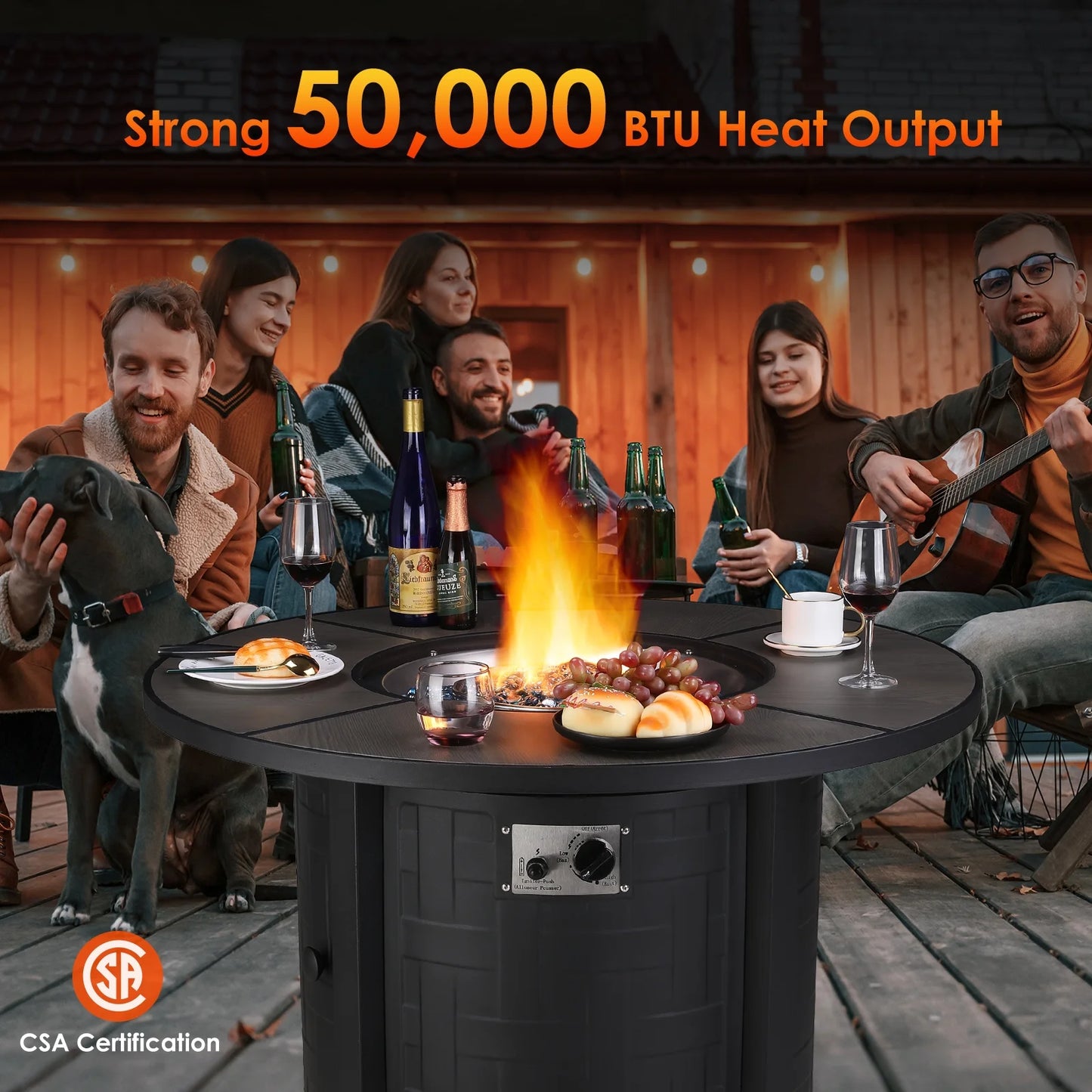 GARTIO 42" Round Propane Fire Pit Table 50,000 BTU Steel Gas Fire Pit with Removable Lid, Cover and Blue Glass Rocks, Outdoor Fireplace Set
