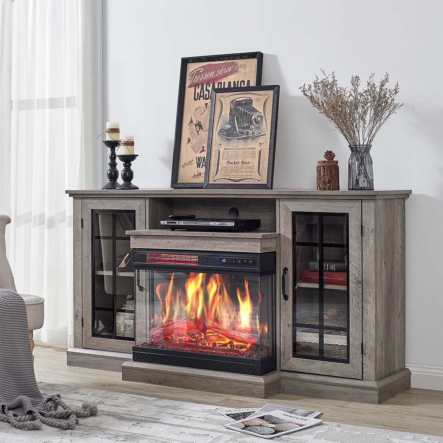 Merluxy 75in 3-Sided Glass Fireplace TV Stand for TVs up to 85", Distressed White