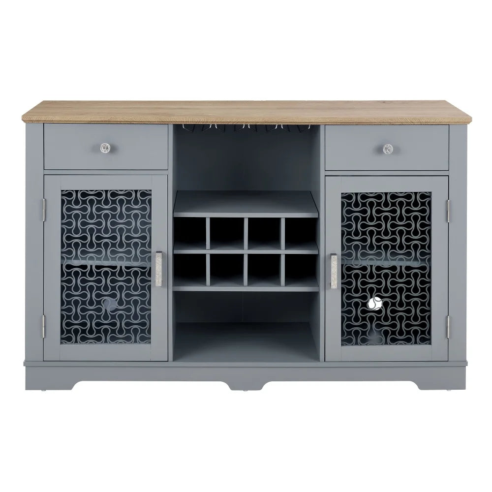 Tcbosik Farmhouse Buffet Cabinet, 56.4" Sideboard Cabinet w/2 Drawers and 2 Glass Doors, Coffee Bar Cabinet with Glass Cup Holder and 8-Slot Wine Rack for Dining Room Living Room, Light Blue