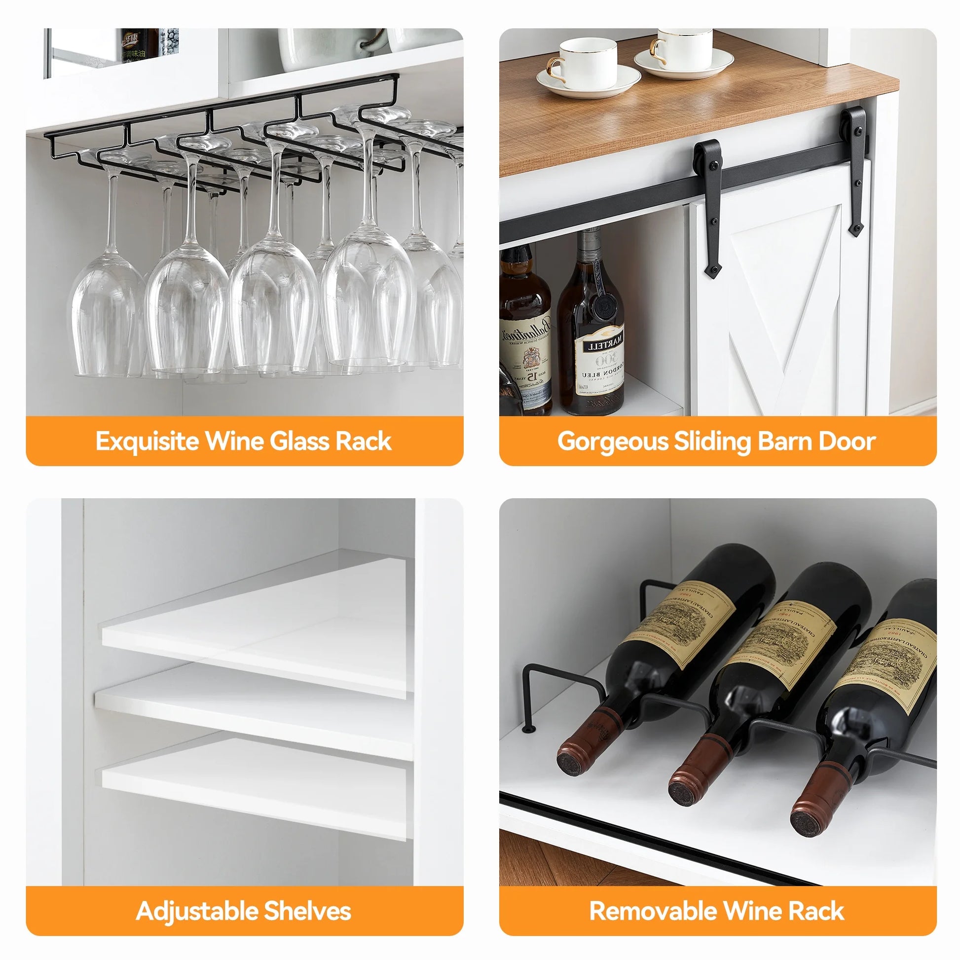 Farmhouse Bar Cabinet with Storage, Kitchen Buffet Cabinet with Sliding Barn Door and 3 Drawers, Coffee Bar with Wine and Glass Rack for Kitchen, Dining Room, White