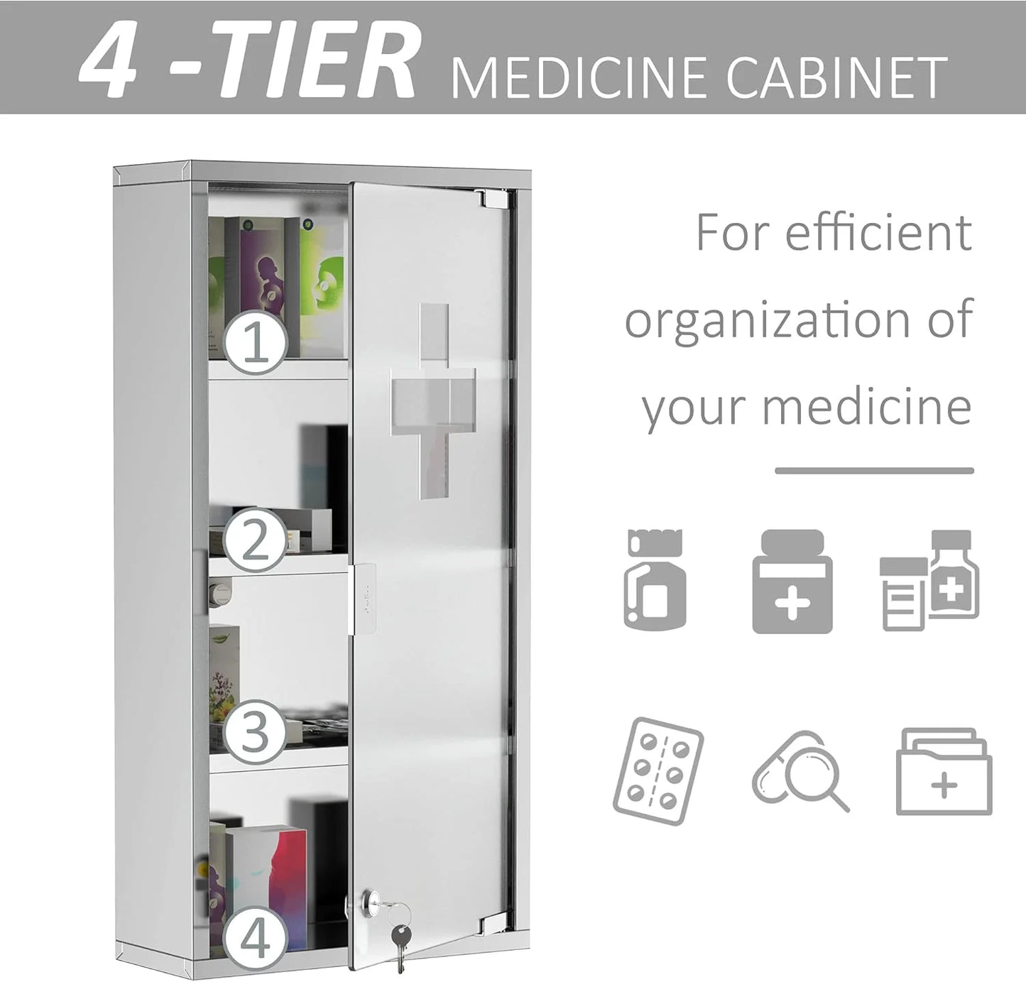 BOBOKY Wall Mounted Medicine Cabinet, Locking Wall Cabinet with 4 Tier Shelves, Stainless Steel Frame and Glass Door, Lockable with 2 Keys, Silver,12" x 24"