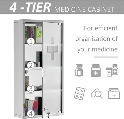 BOBOKY Wall Mounted Medicine Cabinet, Locking Wall Cabinet with 4 Tier Shelves, Stainless Steel Frame and Glass Door, Lockable with 2 Keys, Silver,12" x 24"