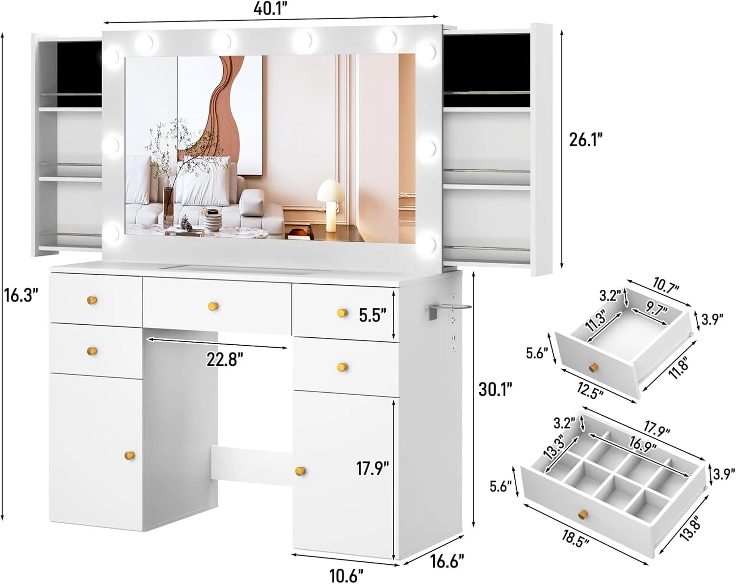 White Vanity Desk with Large Lighted Mirror & Power Outlet, Makeup Vanity Table with Glass Top & Drawers, Sliding Storage, 44.1" Large Makeup Vanity Table for Women Girls, White
