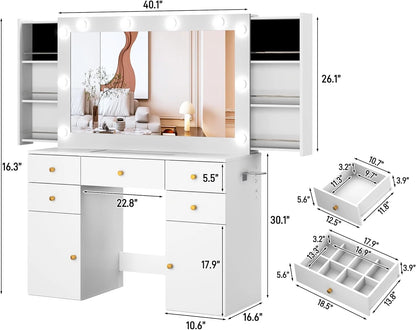 White Vanity Desk with Large Lighted Mirror & Power Outlet, Makeup Vanity Table with Glass Top & Drawers, Sliding Storage, 44.1" Large Makeup Vanity Table for Women Girls, White
