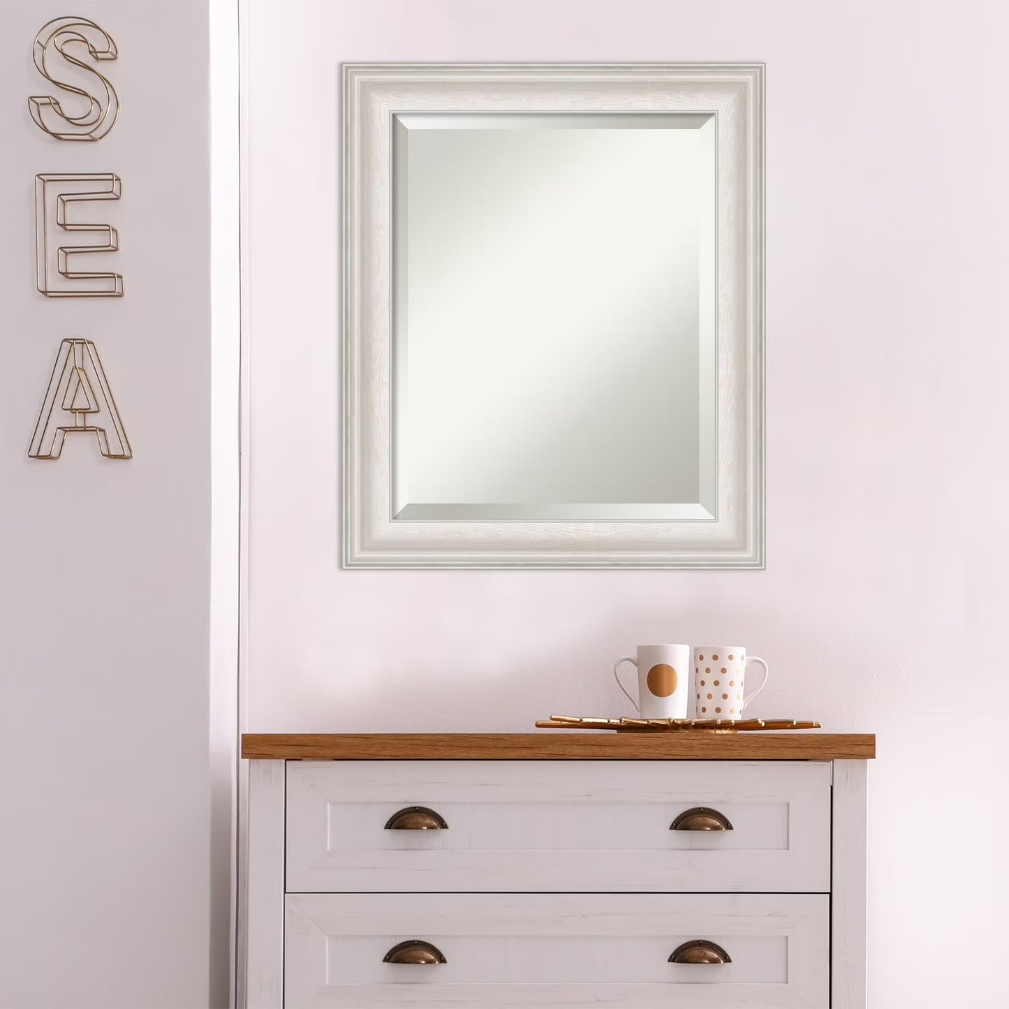Amanti Art Wall Mounted Framed Vanity Mirror, Glass Size 40x30, Trio White Wash Silver