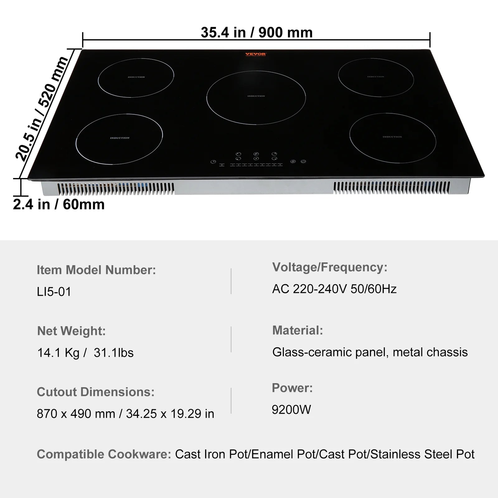 BENTISM 36 inch Electric Cooktop 5 Burners Ceramic Glass Stove Top Touch Control 9200W 9 Heat Levels Built-in Electric Stove