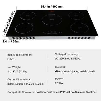 BENTISM 36 inch Electric Cooktop 5 Burners Ceramic Glass Stove Top Touch Control 9200W 9 Heat Levels Built-in Electric Stove