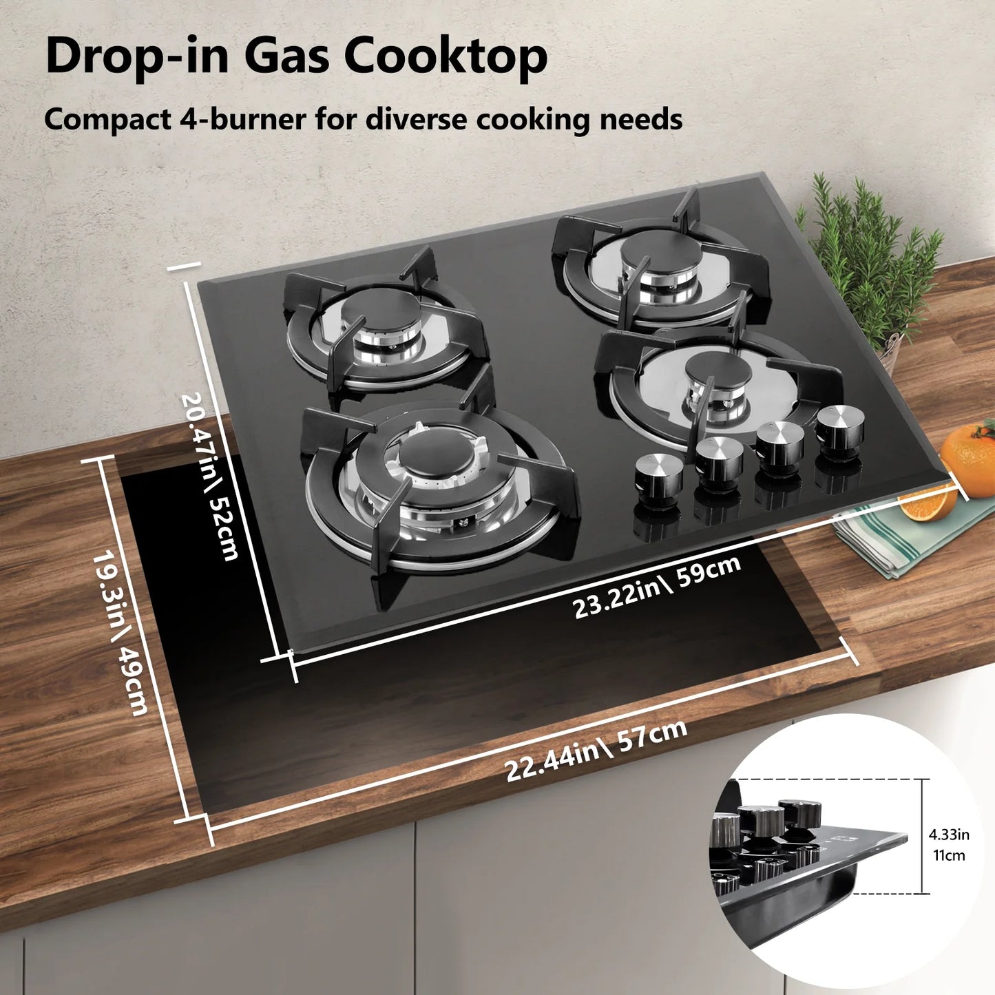 Nardea Gas Stovetop 4 Burner, Built-in/Countertop Propane Gas Cooktop, LPG/NG Dual Fuel Convertible Gas Stove Top with Thermocouple Protection, Black Tempered Glass, 27400BTU