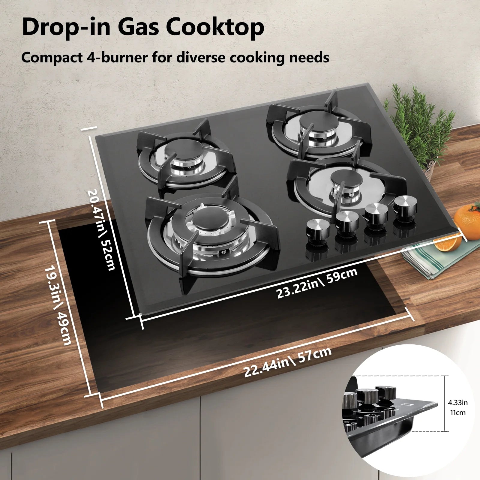 Nardea Gas Stovetop 4 Burner, Built-in/Countertop Propane Gas Cooktop, LPG/NG Dual Fuel Convertible Gas Stove Top with Thermocouple Protection, Black Tempered Glass, 27400BTU