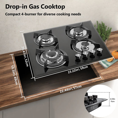GRACEALL 4 Burner Gas Stove Cooktop 24in, Glass Top Built-in Gas Burner Hob, NG/LPG Compatible or use with Propane or Neutral Gas
