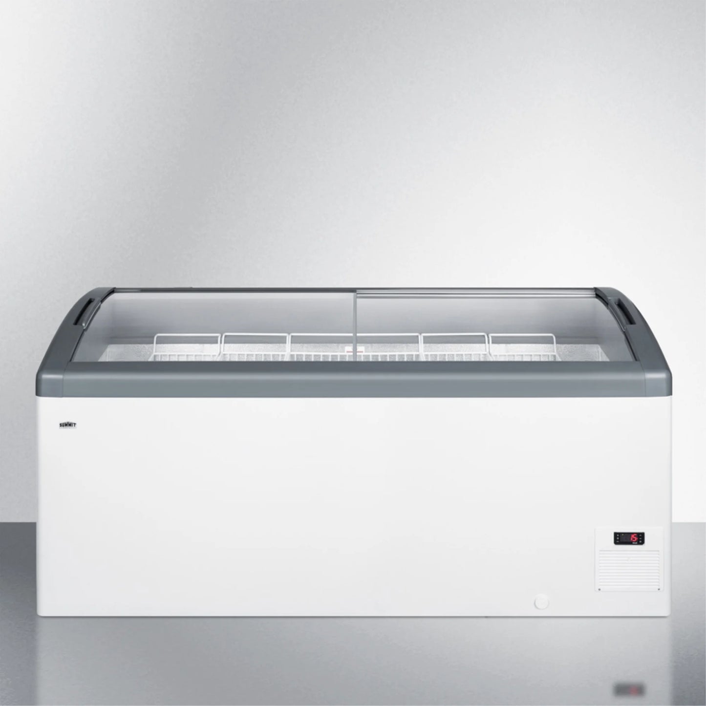 Curved top commercial ice cream freezer made in Denmark, with sliding glass lid, digital thermostat, novelty baskets, and 17.1 cu.ft. interior