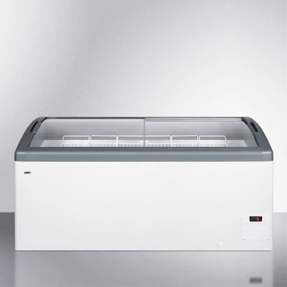 Curved top commercial ice cream freezer made in Denmark, with sliding glass lid, digital thermostat, novelty baskets, and 17.1 cu.ft. interior