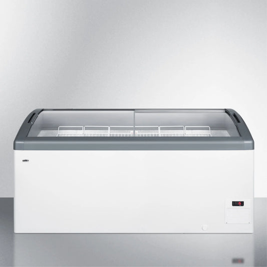 Curved top commercial ice cream freezer made in Denmark, with sliding glass lid, digital thermostat, novelty baskets, and 17.1 cu.ft. interior